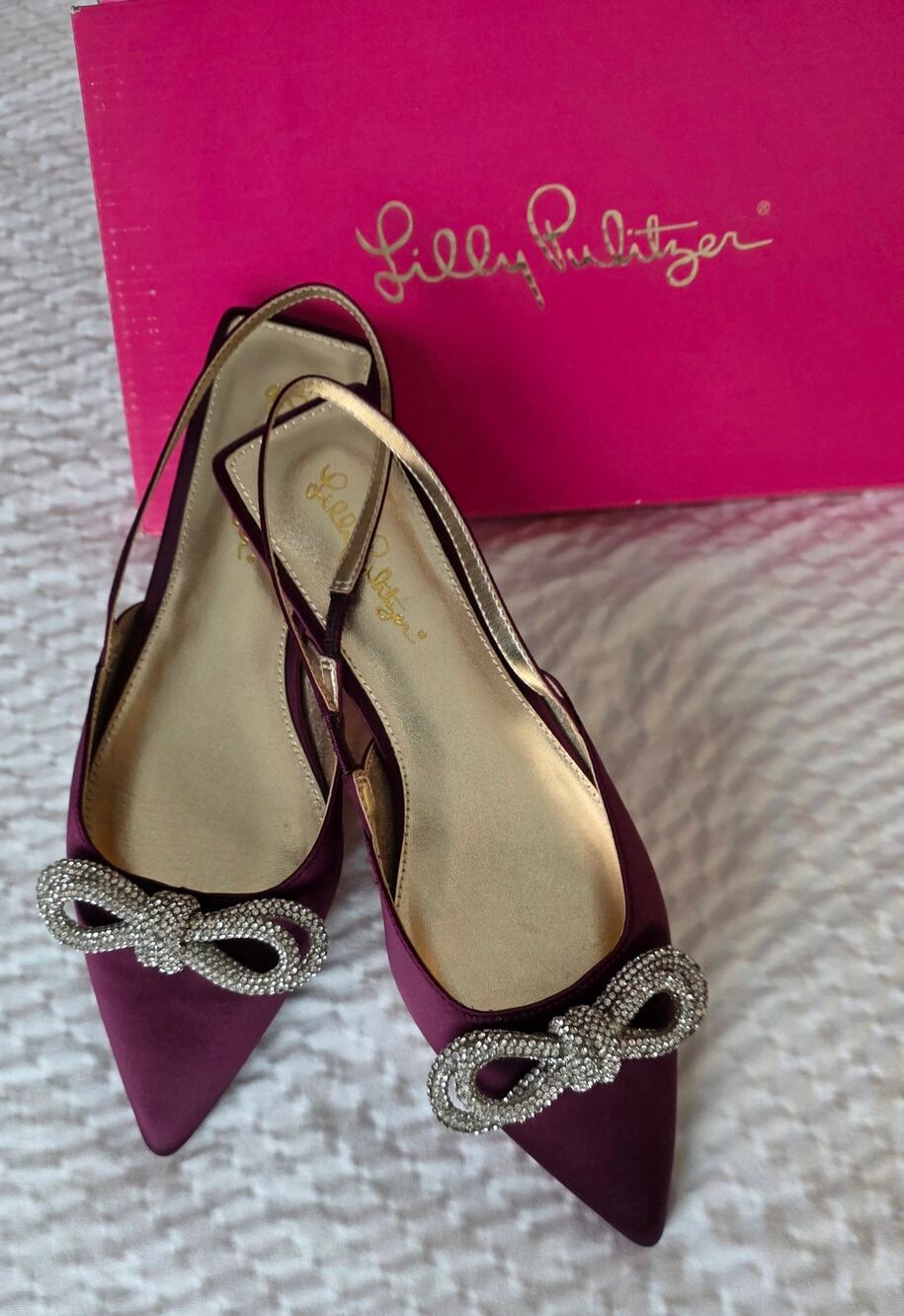 NIB Lilly Pulitzer Brit Slingback Flats Amarena Cherry Rhinestone Bow 7.5M